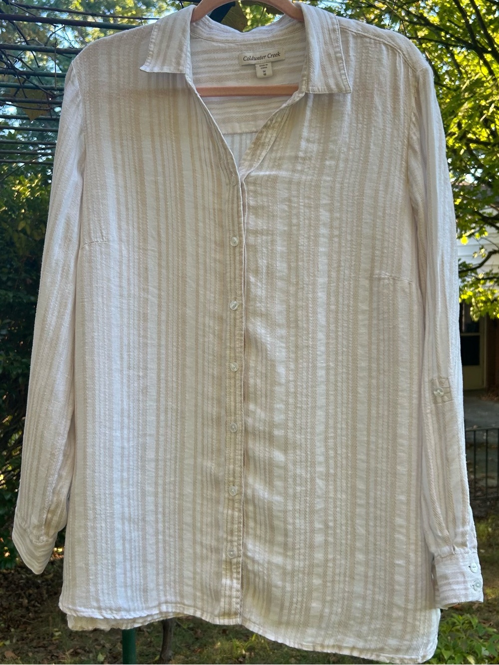 100% linen boho coastal Coldwater Creek shirt white beige pinstriped button up
